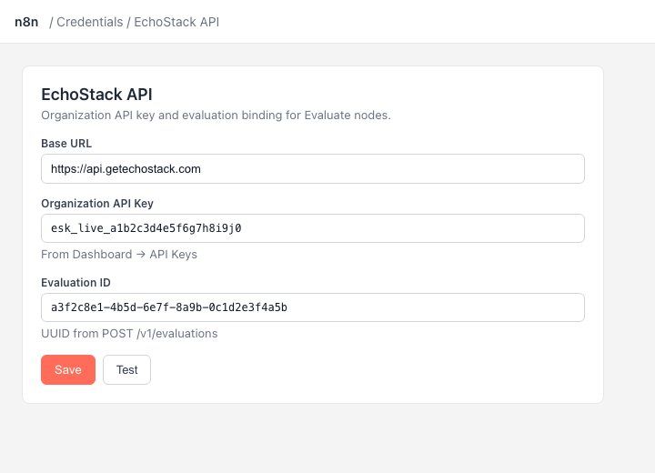 EchoStack API credential in n8n — Base URL, org API key, and evaluation ID